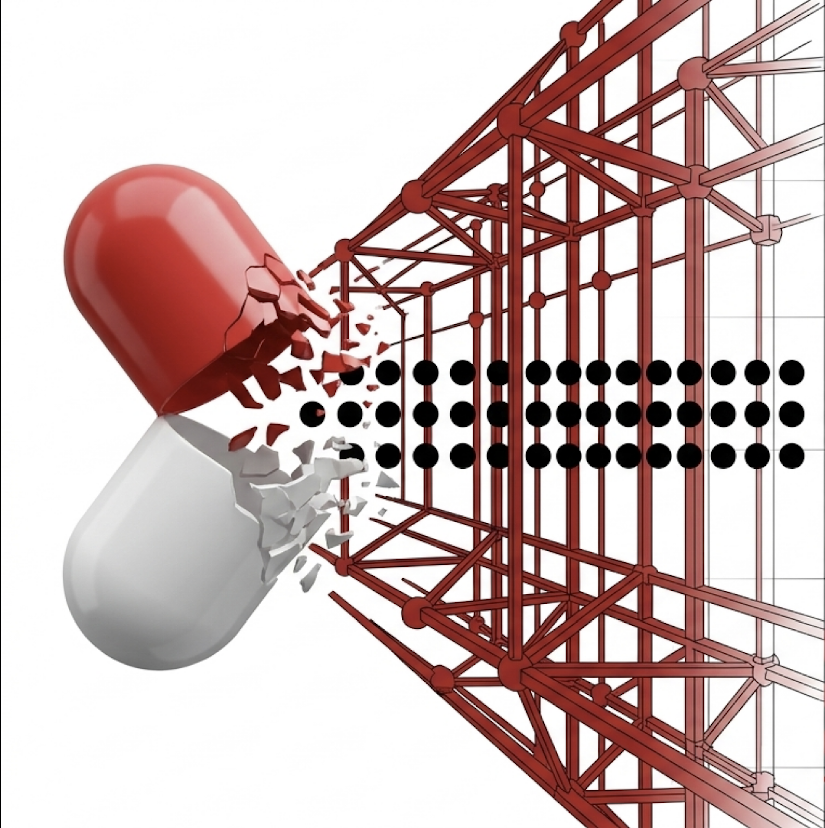 Healthcare appointment system case study cover — abstract capsule and structural grid illustration